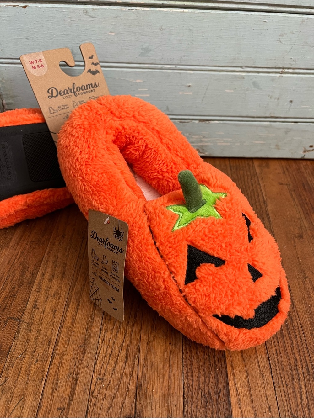 Unisex Dearfoams Plush Pumpkin Slippers - Orange with Green Stem